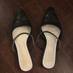 Franco Sarto Black Leather Mules with Chain Detail